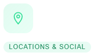 Screenshot 2026-06-06 120207 - KDC Locations & Social button with a location-pin icon in a mint-green rounded square, representing the tab labeled LOCATIONS & SOCIAL